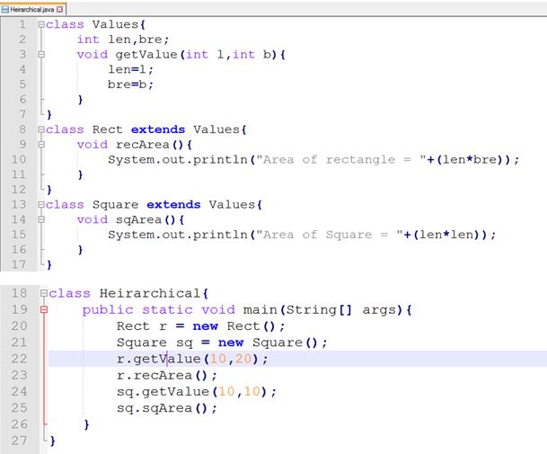 This image describes the program of hierarchical inheritance in java.